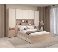 Vente-unique - Lit Pont 140 x 190 cm avec rangements - avec LEDs - Coloris : Beige et Naturel + Sommier + Matelas - DOMELITO