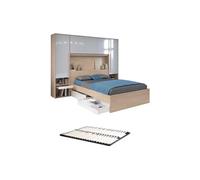 Lit pont 140 x 190 cm avec rangements - avec LEDs - Coloris : Naturel et blanc brillant + Sommier - VELONA