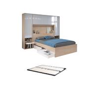 Lit pont 140 x 190 cm avec rangements - avec LEDs - Coloris : Naturel et blanc brillant + Sommier - VELONA