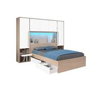 Vente-unique - Lit Pont 140 x 190 cm avec rangements - avec LEDs - Coloris : Naturel et Blanc Brillant - VELONA