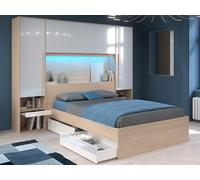 Lit pont 140 x 190 cm avec rangements - Avec LEDs - Coloris : Naturel et blanc brillant - VELONA