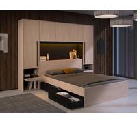 Lit pont 140 x 190 cm avec rangements - Avec LEDs - Coloris : Naturel et noir - VELONA