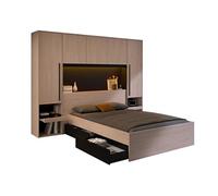 Vente-unique-Lit Pont 140 x 190 cm avec rangements - avec LEDs - Coloris : Naturel et Noir - VELONA