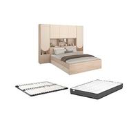 Lit pont 160 x 200 cm avec rangements - Avec LEDs - Coloris : Beige et naturel + Sommier + Matelas - DOMELITO