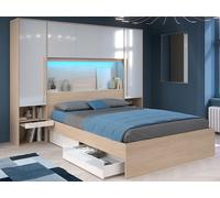 Lit pont 160 x 200 cm avec rangements - avec LEDs - Coloris : Naturel et blanc brillant + Sommier + Matelas - VELONA