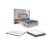 Lit pont 160 x 200 cm avec rangements - avec LEDs - Coloris : Naturel et blanc brillant + Sommier + Matelas - VELONA