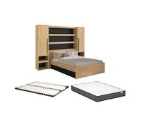 Vente-unique - Lit Pont 160 x 200 cm avec rangements - avec LEDs - Coloris : Naturel et Noir + Sommier + Matelas - VARLY