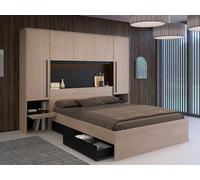 Lit pont 160 x 200 cm avec rangements - Avec LEDs - Coloris : Naturel et noir + Sommier + Matelas - VELONA