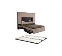 Vente-unique - Lit Pont 160 x 200 cm avec rangements - avec LEDs - Coloris : Naturel et Noir + Sommier - VELONA