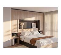Lit pont 160 x 200 cm avec rangements - Avec LEDs - Coloris : Naturel et noir - VELONA