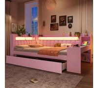 Lit pour adolescent Flieks avec éclairage LED et port USB, lit de jour double avec étagère, lit en bois classique avec bureau et tiroirs, lit d'enfant rose
