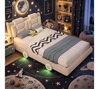Lit pour bébé 140 x 200 cm, lit auto avec des roues illuminées, un repose-tête réglable en deux positions de hauteur, et un revêtement en flanelle beige pour la chambre d'enfant