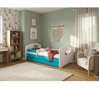 Lit pour bébé Happy Babies – avec matelas, tiroir et barrière de sécurité, 80 x 160 cm, lit pour fille et adolescent, lit pour garçon, avec découpe en forme de cœur, bleu