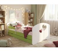 Lit pour bébé Happy Babies – avec matelas, tiroir et barrière de sécurité, 80 x 160 cm, lit pour fille et adolescent, lit pour garçon, avec découpe en forme de cœur, vert