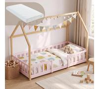 Lit pour bébé "Sisimiut" de style Montessori, design sobre, avec matelas et barrière de sécurité, en bois de pin, dimensions 90 x 200 cm, couleur rose/naturel