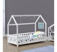 Lit pour bébé "Sisimiut" de style Montessori, design sobre pour s'intégrer à la maison, avec barrière de sécurité, en bois de pin, dimensions 70 x 140 cm, couleur blanche