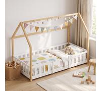 Lit pour bébé "Sisimiut" de style Montessori, design sobre pour s'intégrer à la maison, avec barrière de sécurité, en bois de pin, dimensions 90 x 200 cm, couleur blanc/naturel