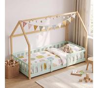 Lit pour bébé "Sisimiut" de style Montessori, design sobre pour s'intégrer à la maison, avec barrière de sécurité, en bois de pin, dimensions 90 x 200 cm, couleur vert menthe/bois naturel