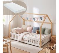 Lit pour bébé "Sisimiut" de style Montessori, design sobre pour s'intégrer à l'intérieur, avec matelas et barrière de sécurité. En bois d'épicéa, dimensions 120x200 cm, couleur blanc/naturel