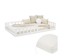 Lit pour enfant 120x200 Blanc | Lit au sol avec matelas et sommier | avec protection contre les chutes | Montessori
