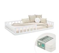 Homestyle4u Lit d'enfant Montessori 120x200 cm lit au sol avec matelas et barrière en bois blanc