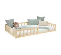 Homestyle4u Lit enfant Montessori 120x200 cm en bois naturel, lit au sol, barrière anti-chute