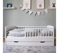 Lit d'enfant 70x140 cm avec sommier à lattes, tiroir et protection contre les chocs en bois massif blanc - 140 x 70 cm taille parfaite après lit à barreaux lit bébé