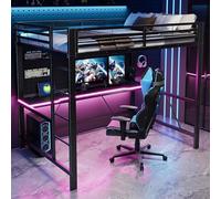 Lit pour enfant 140x200 cm avec éclairage LED et station de charge USB, lit superposé avec bureau, structure en métal, couleur noire (sans matelas)