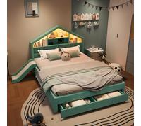 Lit pour enfant 140x200 cm avec toboggan, lit-cabane rembourré en velours bleu-vert, avec coffre de rangement intégré pour chambre d'enfant