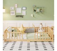 Lit pour enfant 140x200 cm, en bois de pin naturel, avec barrière de sécurité, sans matelas. Dimensions : 206x147,3x45,7 cm