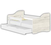 Lit pour enfant 140x70, lit bébé avec un tiroir, barrière de sécurité et matelas, couleur blanc "Happy", finition chêne blanc, sommier à lattes, robuste, lit pour chambre d'enfant, mobilier pour adole