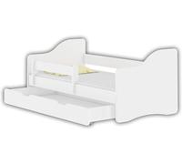 Lit pour enfant 180x80, lit bébé avec un tiroir, barrière de sécurité et matelas, couleur blanche, Happy. Structure en bois, sommier à lattes, solide. Lit pour chambre d'enfant, mobilier pour adolesce