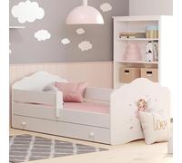 Lit d'enfant 80x160 cm avec matelas et tiroir Sommier à lattes & protection antichute amovible Lit pour enfants Ensemble complet en blanc avec motif princesse