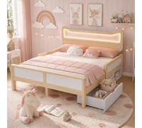 Lit pour enfant 90 x 200 cm avec tête de lit oreilles de chat et LED RVB, lit en bois avec barrière de protection, tiroir et compartiment de rangement, montage gauche/droite, lit pour adolescent avec