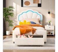 Lit pour enfant, 90 x 200 cm, lit simple avec LED et tiroirs, lit rembourré pour enfant avec sommier à lattes, structure de lit pour enfants et adolescents, velours, blanc (90 x 200 cm)