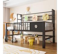 Lit pour enfant 90 x 200 cm, lit superposé bas avec barrière de sécurité, espace de rangement, tringle à vêtements et étagère en filet, lit pour adolescent, lit simple, noir, structure en métal