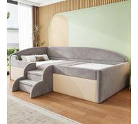 Lit pour enfant 90x190 cm avec escalier, canapé-lit pour enfant transformable en lit simple avec barrière de sécurité et sommier à lattes, lit rembourré en velours, gris
