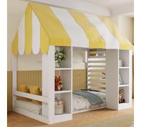 Lit pour enfant 90x200 cm avec baldaquin, lit-cabane avec étagère, lit plateforme simple avec barrières de sécurité et sommier à lattes, lit en bois blanc pour enfant