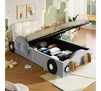 Lit pour enfant 90x200 cm avec coussin décoratif, Lit avec sommier tapissé et poches latérales, Lit au sol sur roues en forme de voiture avec rangement, Lit simple en flanelle, Gris