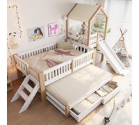 Lit pour enfant 90x200 cm avec lit escamotable 90x190 cm, lit pour enfant en forme de cabane avec toboggan et toit, lit superposé en bois avec échelle et tiroirs, finition bois