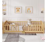 Lit pour enfant 90x200 cm, en bois de pin naturel, avec barrière de sécurité, sans matelas. Dimensions : 206x97x45 cm