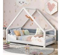 Lit pour enfant 90x200 cm, lit-cabane avec sommier à lattes, lit en bois en forme de maison avec barrière de sécurité pour garçons et filles, lit pour enfant en forme de cabane, lit stable avec base s