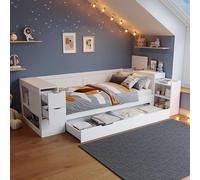 Lit pour enfant 90x200 cm, lit simple avec étagères et coffre de rangement, lit avec tiroirs, lit coffre avec tables de chevet, pour adultes et adolescents, blanc, sans matelas