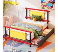 Lit pour enfant 90x200, lit en métal avec tiroirs, lit simple en métal, bleu et rouge, lit plateforme avec 11 lattes, capacité de charge de 120 kg, idéal pour les chambres de garçons et de filles