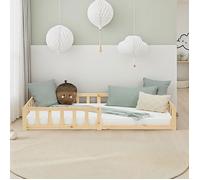 Lit pour enfant 90x200 Naturel | Lit au sol avec sommier | avec protection contre les chutes | Montessori