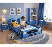 Lit pour enfant bleu, en forme de voiture, idéal pour les garçons, avec des roues et un éclairage LED