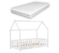 Lit pour enfant cabane maison avec matelas barriere et sommier a lattes en bois de pin blanc 80 x 160 cm 03_0005482