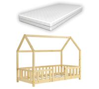 Lit pour enfant cabane maison avec matelas barriere et sommier a lattes en bois de pin naturel 80 x 160 cm 03_0005483