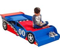 Lit pour enfant en bois, en forme de voiture, modèle de course avec marchepied intégré et barrières de sécurité – RACE