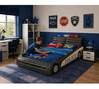 Lit pour enfant en forme de voiture de police, noir, avec éclairage LED, idéal pour les garçons